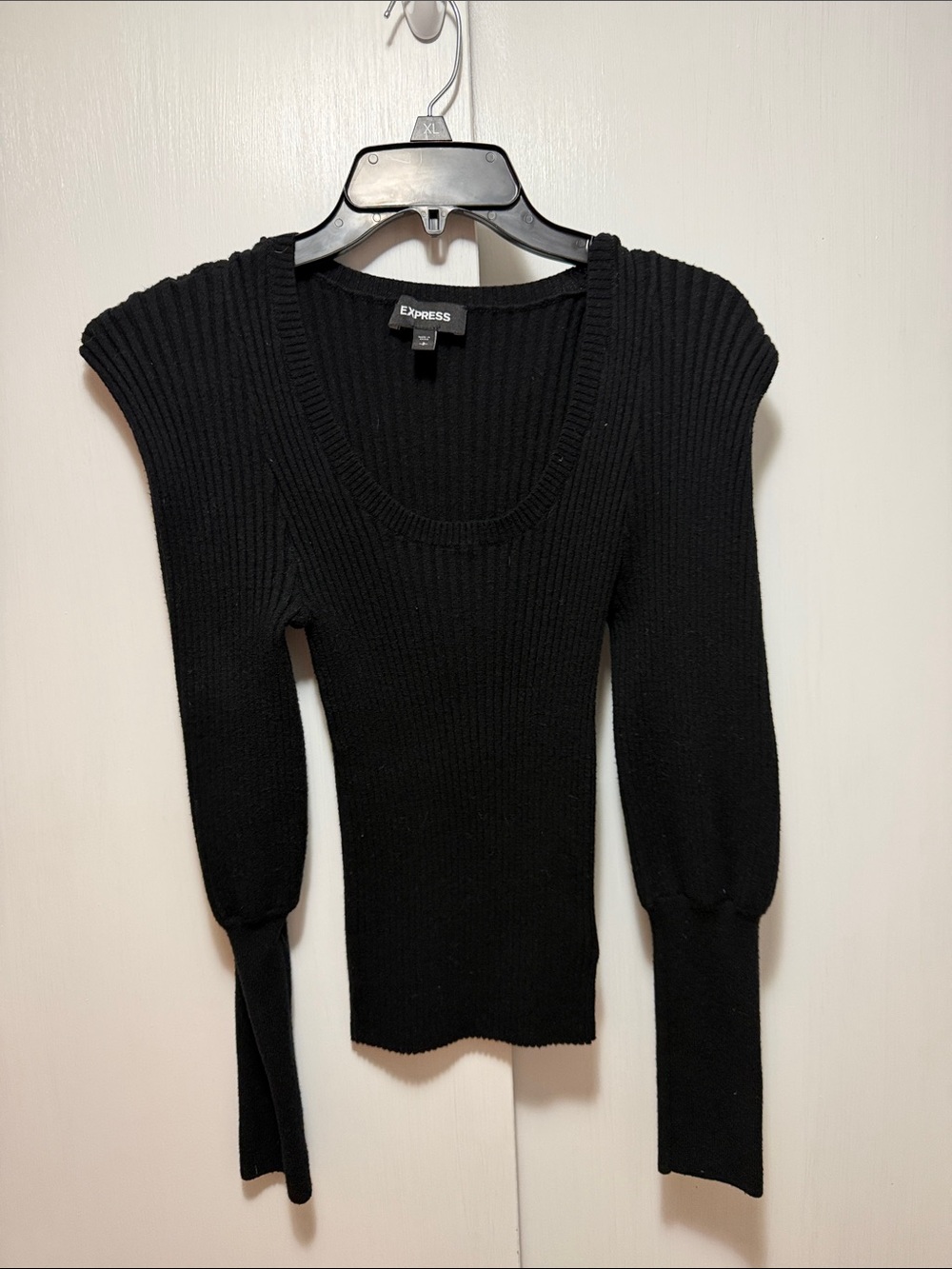 Express Black Ribbed Puff-Sleeve Scoop Neck Sweater